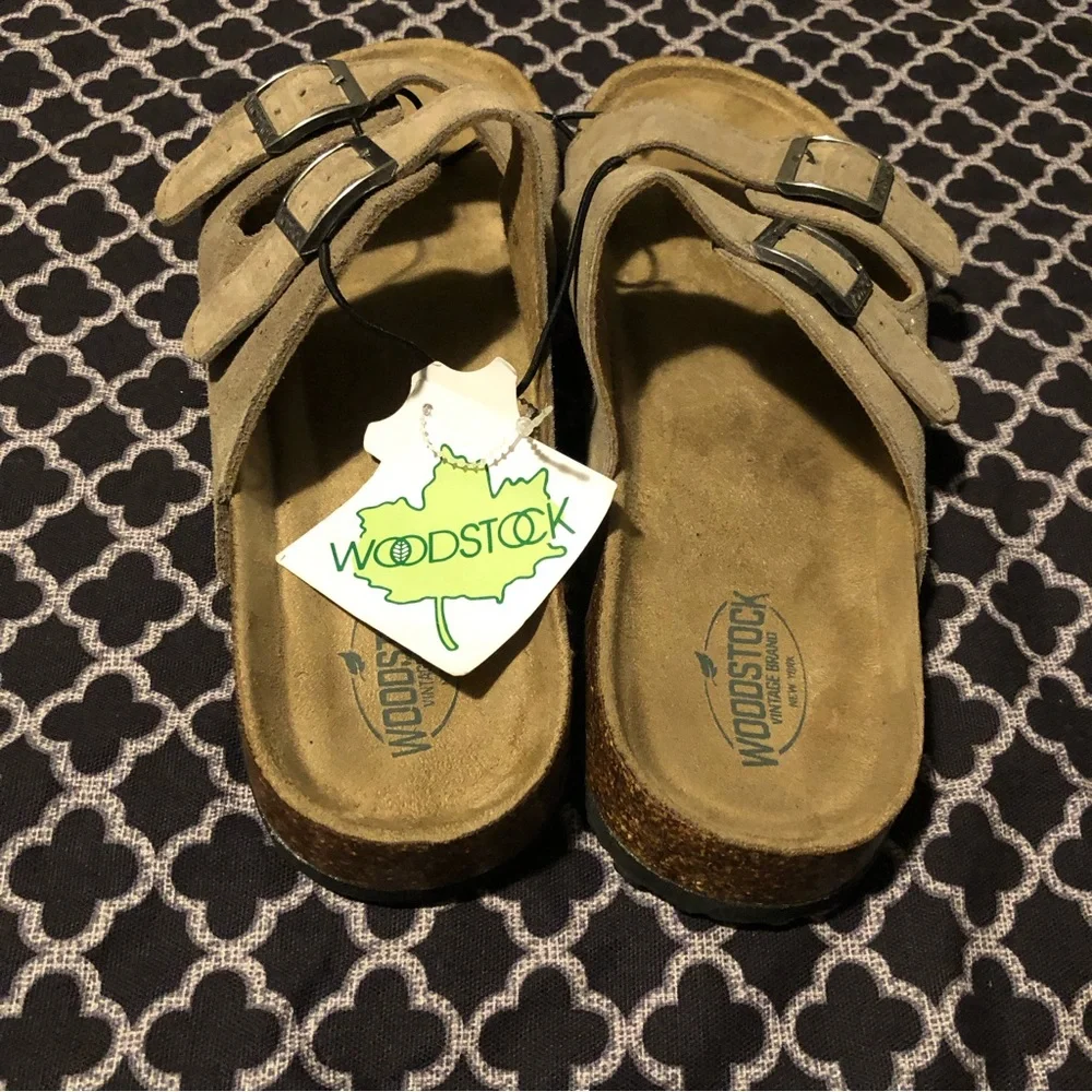 Woodstock Wear Sz 12 Suede Leather Sandals Slide Bert Buckle Brown Retro